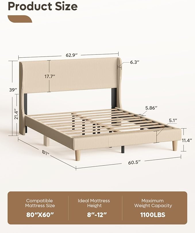 Bestier Queen Bed Frame with Wingback Headboard,Upholstered Platform Queen Size Bed with Strong Wooden Slats,No Box Spring Needed,Never Squeaks,Easy Assembly,Taupe