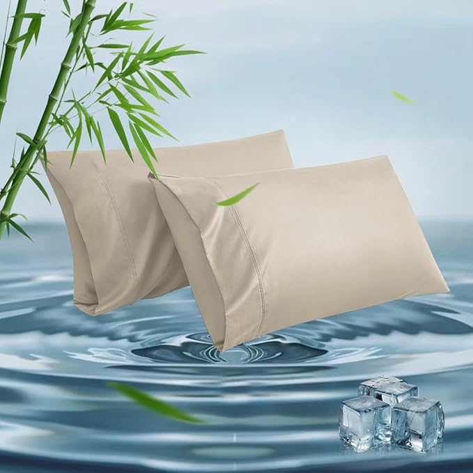 Queen Pillowcases, Cooling Viscose from Bamboo Pillow Covers with Envelope Closure, Soft Moisture-Wicking for Hot Sleepers, Hair and Skin-Friendly, Light Khaki, 2 Pack