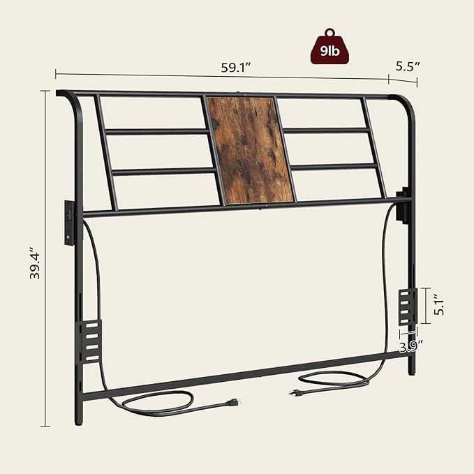MAHANCRIS Queen Size Headboard Only, Metal Headboard with 2 Power Strips, Reclining Backrest, with Bed Frame Adapters, Easy Assembly, Rustic Brown and Black