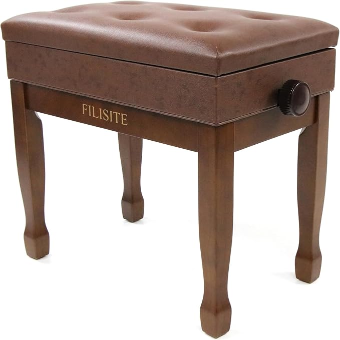 Adjustable Height Piano Stool Bench PU Leather Cushion Wooden Keyboard Seat with Music Storage (Wood)