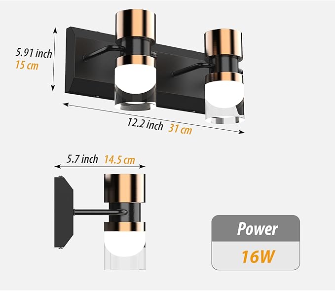 LED Bathroom Vanity Light Fixtures, 2 Light Black and Gold Wall Sconces Lighting, Modern Bathroom Light Fixtures, Led Wall Lamp for Mirror Living Room Bedroom Dressing Table Bar