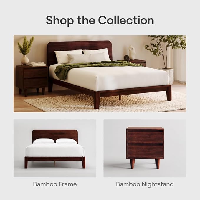 Nectar Bamboo Platform Bed Frame & Headboard - Walnut - Full - Floating Center Support Legs - 12” Height - Easy Tool Free Set Up - Contemporary - Sturdy Wooden Support Slats - Holds Up To 800 Pounds