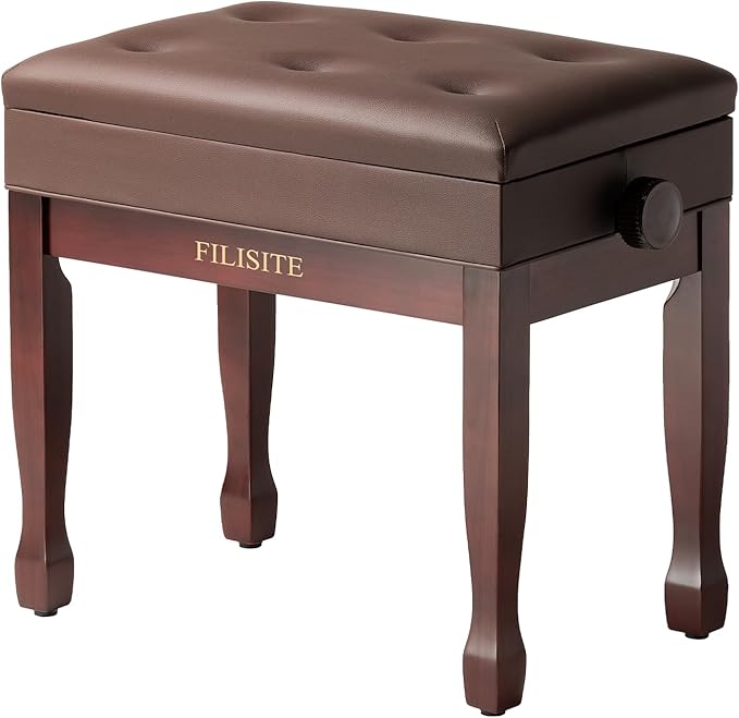 Adjustable Height Piano Bench Stool PU Leather Cushion Wooden Keyboard Seat with Music Storage (Brown)
