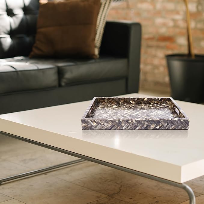 Handicrafts Home 17"x11" Decorative Tray, Resin Inlay Ottoman Coffee Table Tray with Handles, Rectangular Serving Tray for Breakfast, Vanity, Centerpiece Décor