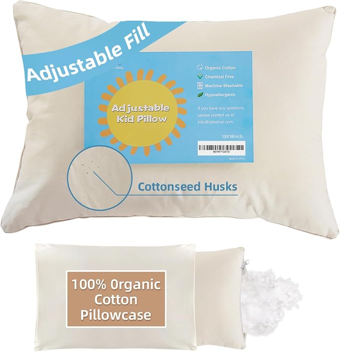 Organic Toddler Pillow with Pillowcase - 13x18 Toddler Pillow with 100% Organic Cotton Shell, Adjustable Loft Organic Kid Plilow, Machine Washable, Soft, Perfect for Kids&Toddler&Children