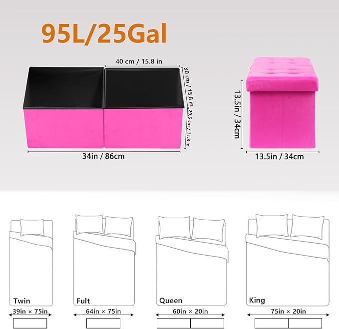 AmasSmile® Storage Ottoman Foot Rest Stool, 34 inch Velvet Footstool Bench, Short Ottoman Stool, Small Folding Storage Ottoman Store Books, Records, Rose