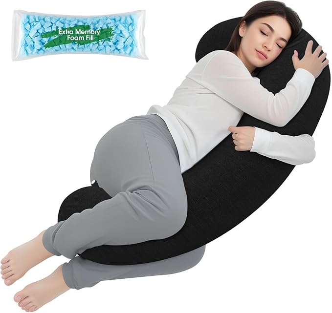 TranquilRelax C Shaped Body Pillow for Side Sleepers, Memory Foam Long Pillow for Leg, Hip & Back Support, Soft Washable Cover,Black-35 * 10"
