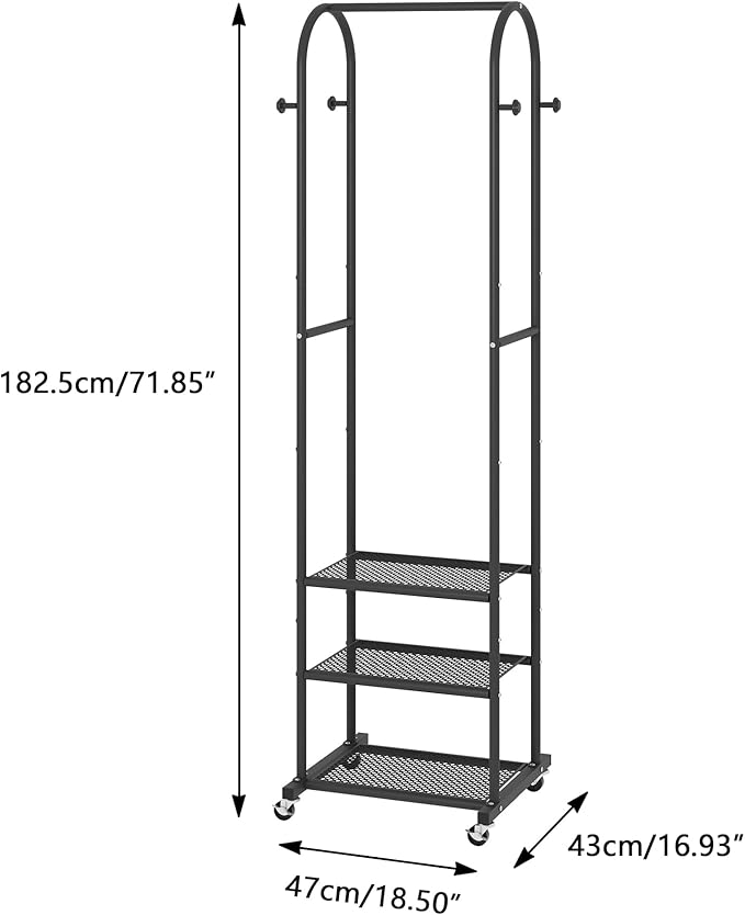 Kaitiemoo Heavy Duty Clothing Rack with Wheels,Modern Garment Rack with 3 Metal Shelves, 71.8Inches Display Rack for Hanging Clothes, Hanging Rod for Small Space,Black