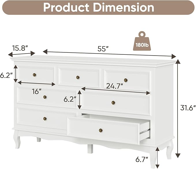 May in Color White 7 Drawer Dresser Set of 2 for Bedroom, Modern Chest of Drawers with Painted Finish, Wooden Storage Closet Cabinet Organizer for Living Room, Nursery, Hallway