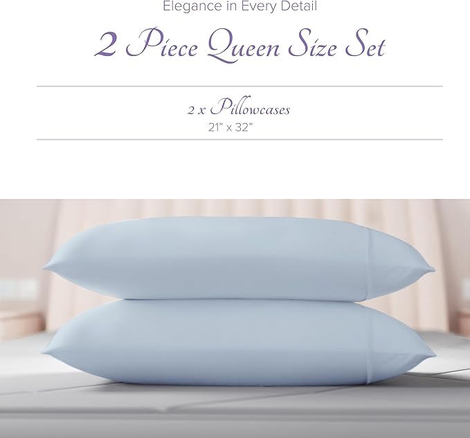 Carressa Linen 100% Egyptian Cotton Pillow Cases Queen Size Set of 2 - Luxury 600 Series Hydrangeas Collection Queen Size Pillowcases (Light Blue), Cooling Sateen Weave Hotel Quality Bed Pillow Cover