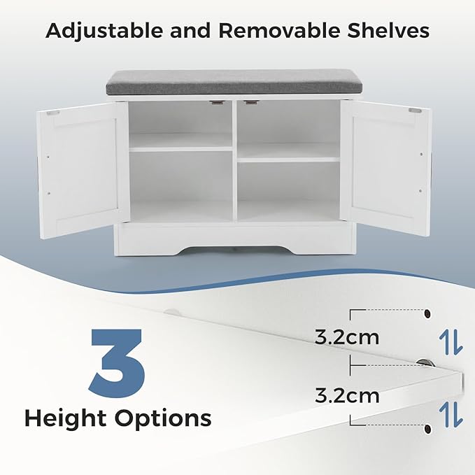 DUMOS Storage Bench, Shoe Organizer Cabinet with Thickened Padded Seat Cushion, Entryway Bench with 2 Doors & Adjustable Shelf for Hallway, Bedroom, Living Room, 28 inch, White