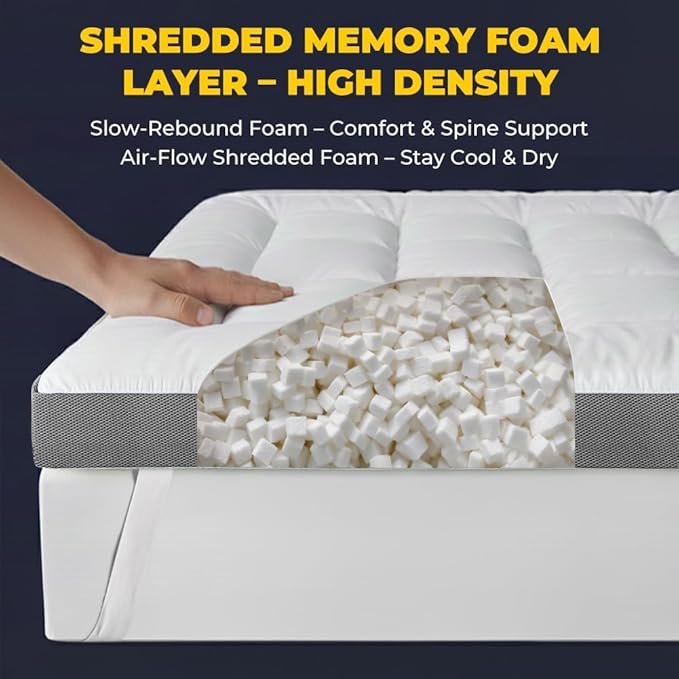 HYPREST 4 Inch Memory Foam Mattress Topper King, Thick Cooling Cotton Pillow Top Mattress Topper with 2000 GSM Shredded Memory Foam - Soft & Supportive for Back Pain Relief, Non-Slip Bottom