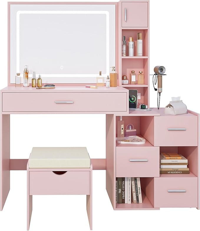 Vanity Desk with LED Lighted Mirror, Sliding Side Cabinet with Expandable Storage, Makeup Table with Drawers & Shelves, Built-in Power Outlet, Vanity Set with Storage Stool for Bedroom (Pink)