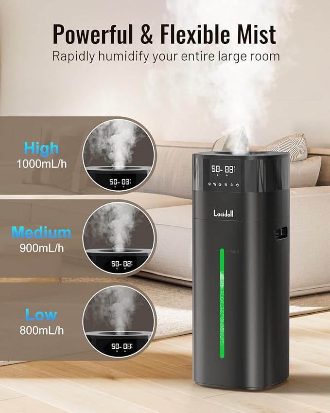 Lacidoll Humidifier Large Room, 5.3Gal/20L Humidifiers for Home 2500 sq ft, Cool Mist Whole House Humidifiers with Diffuser Extended Tube, Top Fill Air Humidifier for Bedroom Nursery Baby Plants Black
