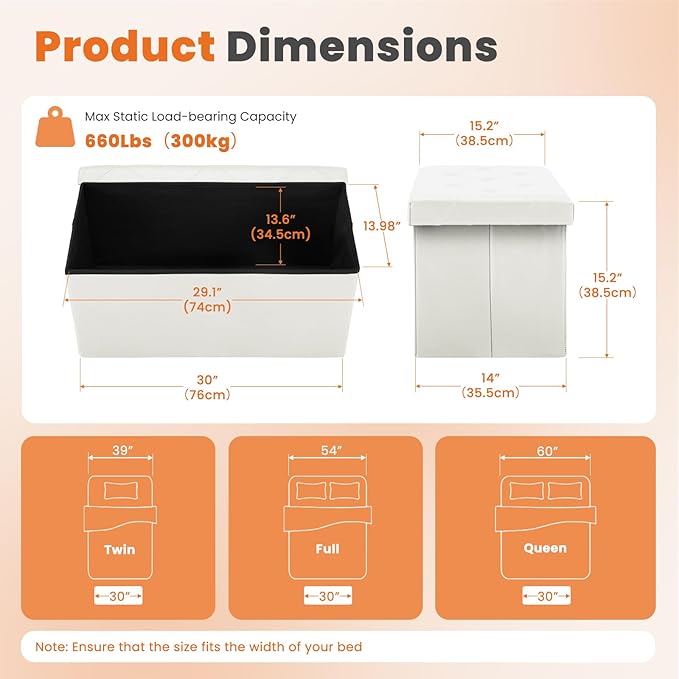 Sweetcrispy 30 Inches Folding Ottoman with Storage Bench, Foot Rest Stool, End of Bed Storage Bench Upholstered, Load 660 lbs, for Living Room, Synthetic Leather, Beige