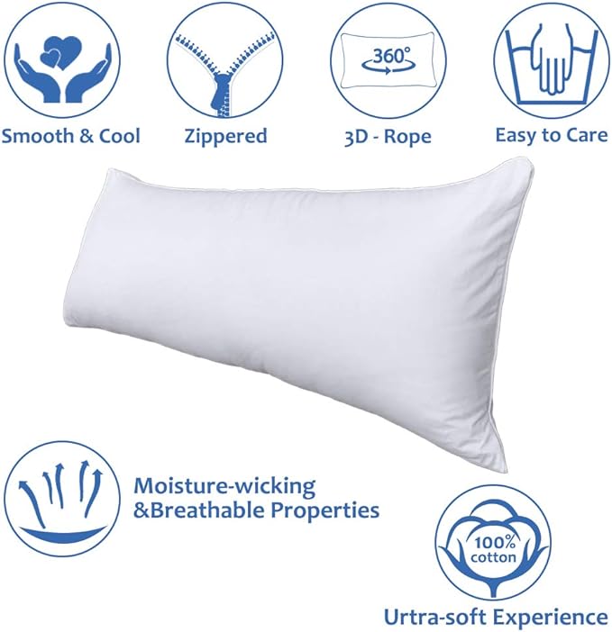 Precoco Body Pillow Pillowcase, 100% Cotton White Body Pillow Cover with Double Zipper, 20" x 54" Super Soft 600 Thread Count Case Covers for Easy Put in & Off, 1 Pack