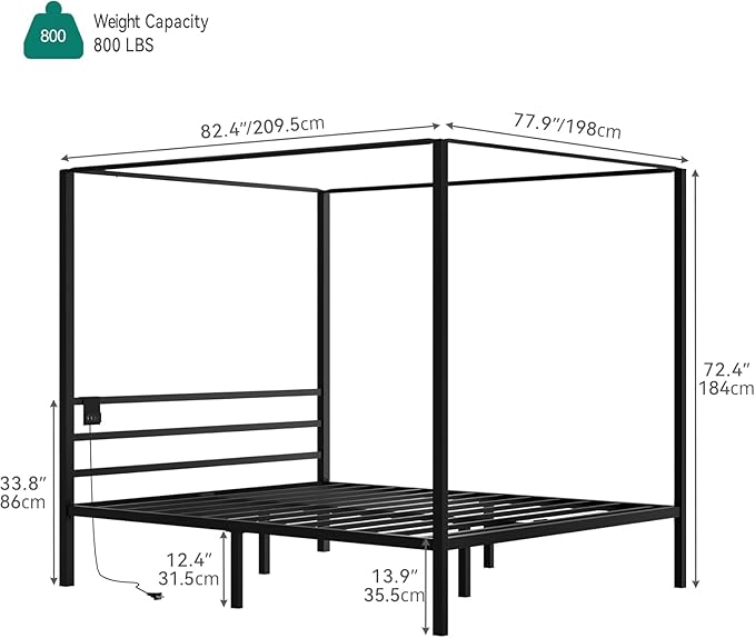 YITAHOME Canopy Bed Frame, Four Poster Platform Bed with USB Charging Station, Metal Bed Frame with Slats Support, 12.4 inch Underbed Storage, No Box Spring Needed, Black, King Size