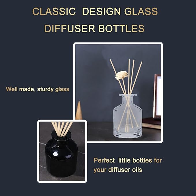HOSSIAN Diffuser Glass Bottles Black -Empty Reed Diffuser Bottle With Sticks- Fragrance accessories use for DIY replacement reed diffuser sets (Clear+Black)