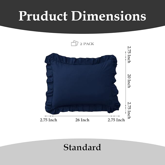 Ruffle Pillow Cases Standard Size Set of 2 –Soft Wrinkle Resistant Brushed Microfiber Ruffled Pillowcases –Envelope Pillow Shams Cover Festive Gift for Hotels,Guest Rooms 20x26 Inch (Navy Blue)