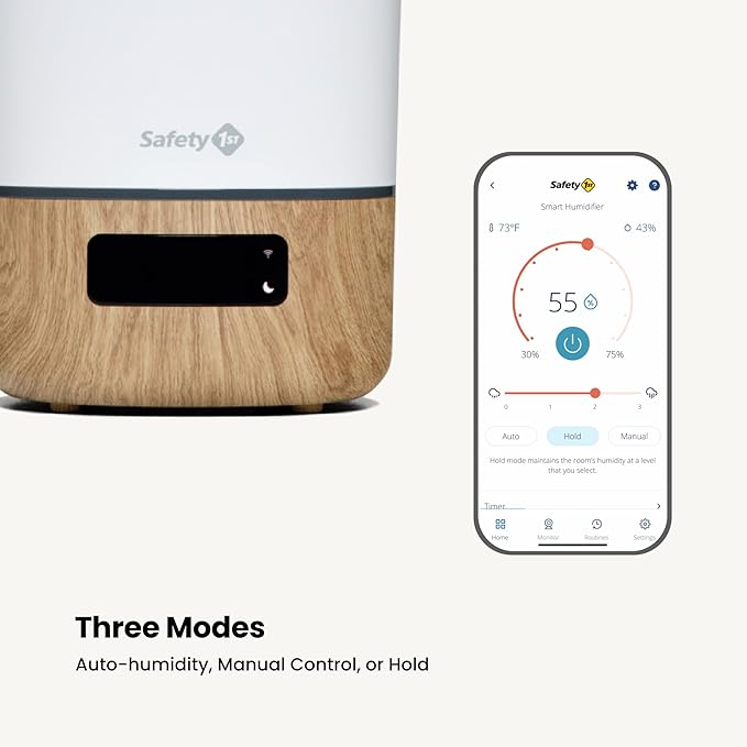 Safety 1st Connected Smart Humidifier — 1 Gallon (3.8L) Tank Size, Cool Mist Humidifier with Hygrometer and Nightlight, and Whisper Quiet for Baby Bedroom, Nursery, iOS and Android Compatible