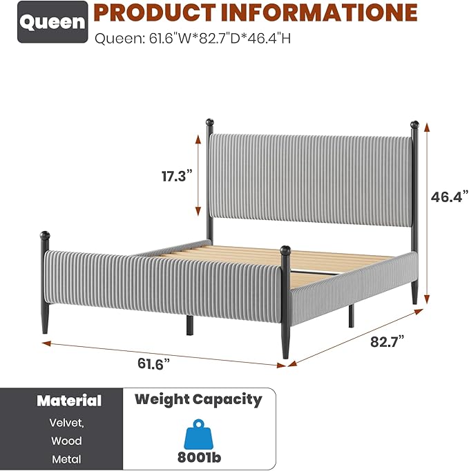 Garvee Queen Size Upholstered Bed Frame - with Velvet Headboard, Soft Corduroy Fabric Platform with Wooden Slats Support & Heavy Duty Feet, No Box Spring Needed, Noise Free, Easy Assembly, Grey