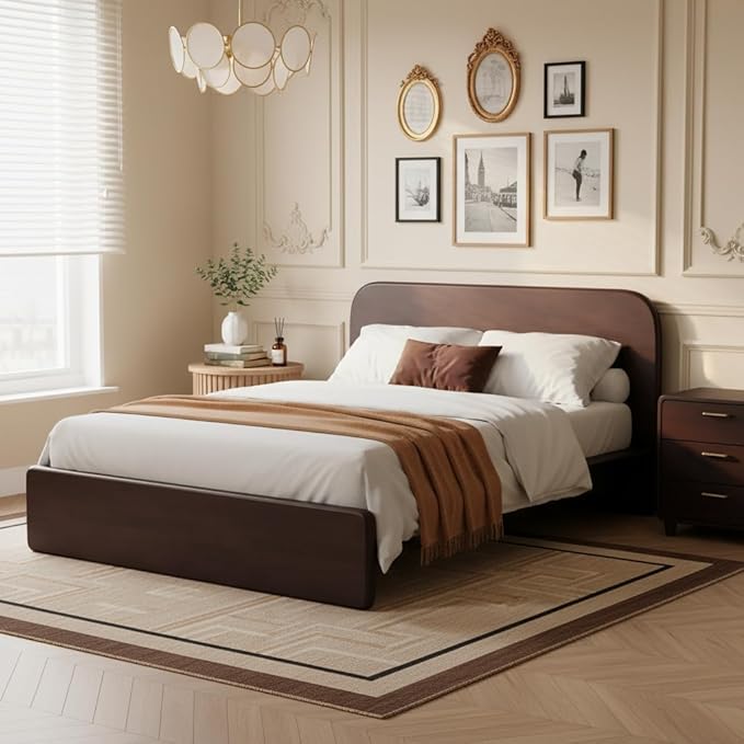 Merax Walnut Queen Size Platform Bed Frame, Modern Minimalist Wood Bed Frame with Rounded Headboard, Heavy Duty 800 lbs Support, No Box Spring Needed