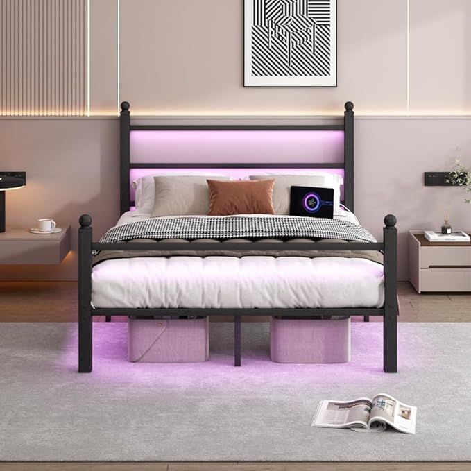 CLIBFENG Full Size Bed Frame with Headboard and Footboard,Steel Slats Support-LED Bed Frame with USB Charging Station,Mattress Foundation-Under Bed Storage, No Box Spring Needed,Noise Free,Black