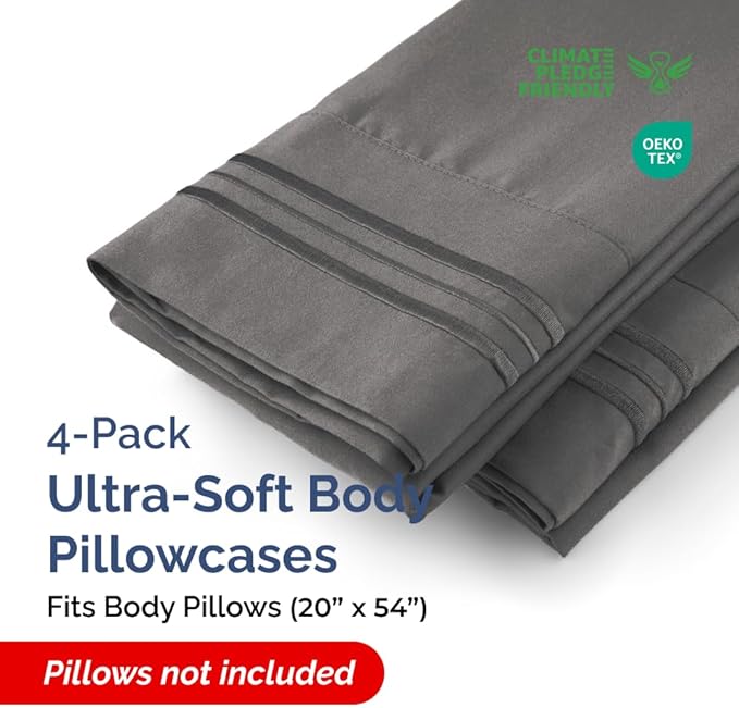 Body Pillowcases Set of 4-20x54 Long Body Pillow Case - Soft Body Pillow Cover for Sleeping & Side Sleepers - Comfy, Breathable & Fade Free - Machine Washable with Envelope Enclosure - (Charcoal)