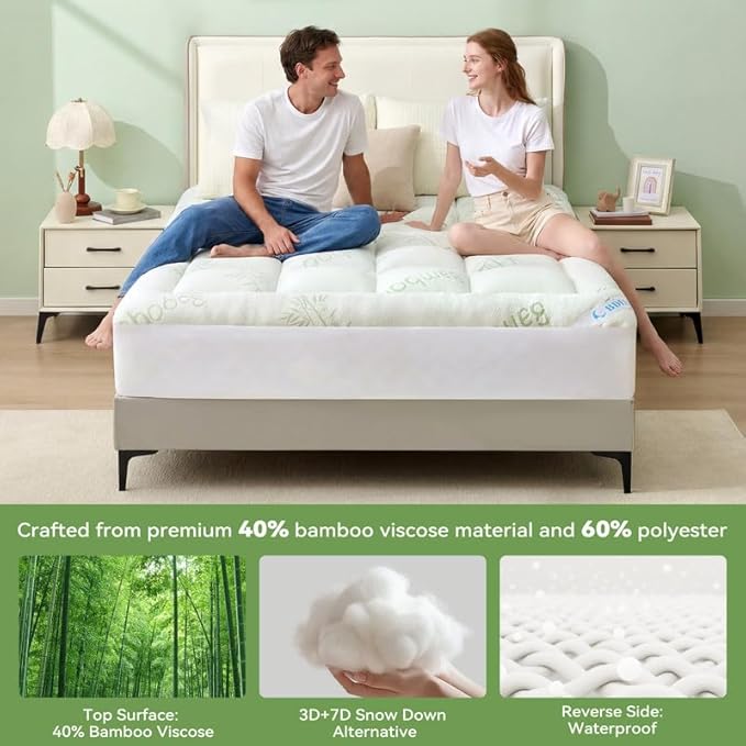 BDEUS King Mattress Topper Viscose Derived from Bamboo, 100% Waterproof Thick Pillow Top Mattress Pad for Back Pain Relief, Naturally Cooling for Hot Sleepers, Green