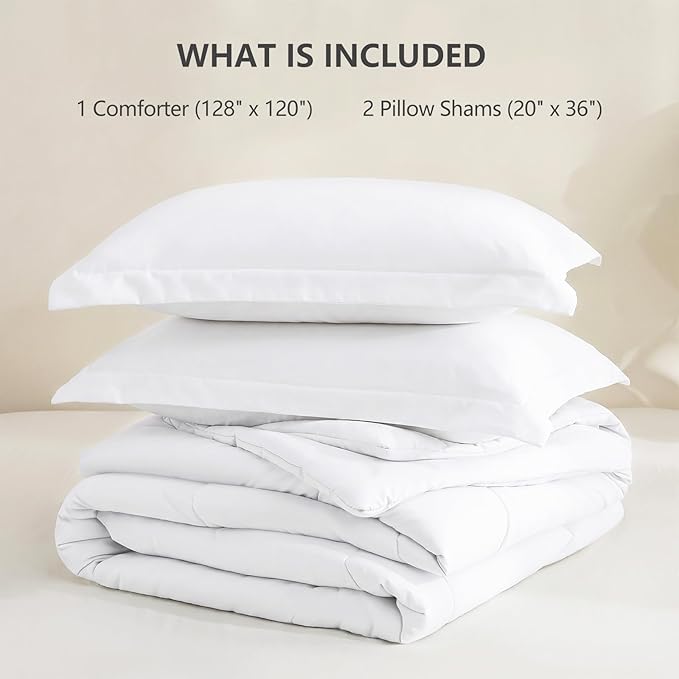 CozyLux Super King Plus Comforter Set, 270GSM White Bedding Sets for All Seasons, 3 Pieces Box Stitched 128x120 Bed Set with 1 Down Alternative Comforter and 2 Pillow Shams, Soft, Lightweight