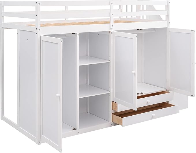 Twin Loft Bed With Stairs and Storage, Wood Frame With 2 Wardrobes, Drawers, Shelves, and Staircase for Kids Teens Adults, White
