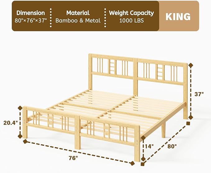 14 Inch High Bamboo King Bed Frame with Headboard and Footboard, Wood Bed Frame King Metal Slat Support Heavy Duty, No Box Spring Needed, Easy Assembly, Noise Free, Reinforced
