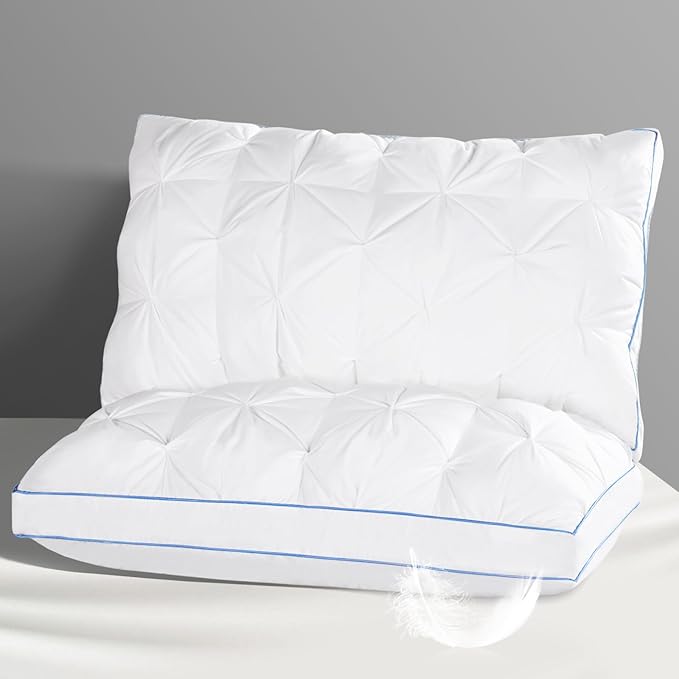 QUTOOL Luxury Hotel Goose Feather Pillow, 100% Cotton Cover, Soft Support Pillow, Suitable for Sleepers on the Back, Sides, and Stomach, Queen Size Bed Pillows Set of 2