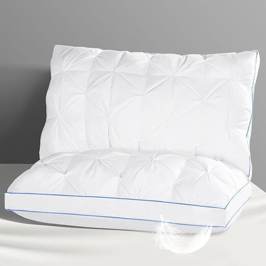 QUTOOL Luxury Hotel Goose Feather Pillow, 100% Cotton Cover, Soft Support Pillow, Suitable for Sleepers on the Back, Sides, and Stomach, Queen Size Bed Pillows Set of 2