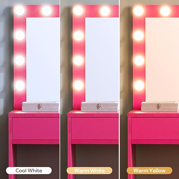 Palimder Vanity Desk with Lamp Bulb Mirror Drawers,Vanity Storage Bench,Makeup Vanities Table for Bedroom,Rose Red