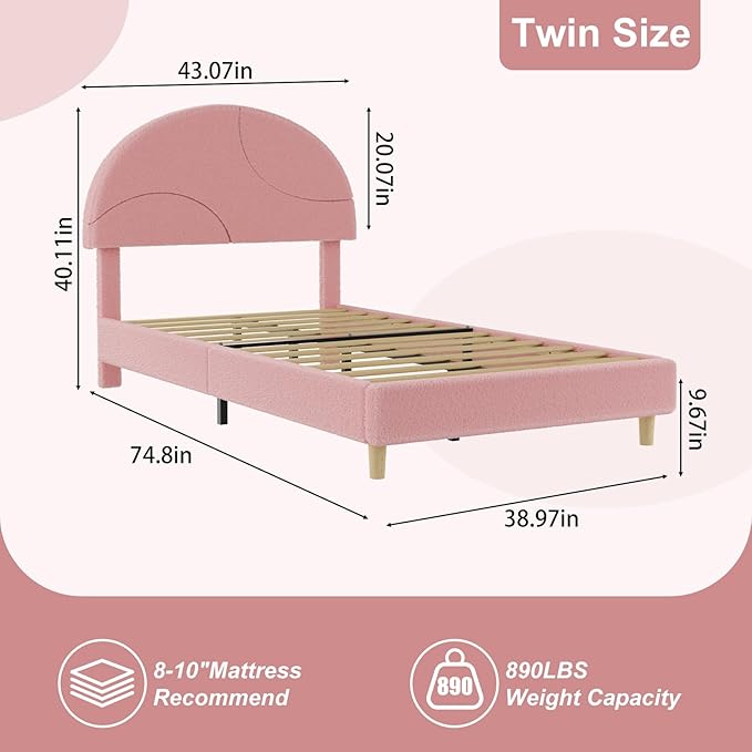 Garvee Twin Bed Frame with Round Boucle Headboard, Upholstered Arch-Shaped Design in Soft Pink, Modern Bed with Wooden Slats, No Box Spring Required and Easy Assembly