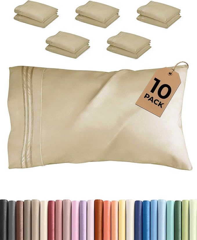 Standard Pillow Cases Set of 10 - Ultra Soft Hotel Quality Pillowcase Covers - Comfy, Cozy & Wrinkle Free - Shrink, Stain and Fade Resistant - Machine Washable Pillow Protectors - 10 Pcs Set - Beige