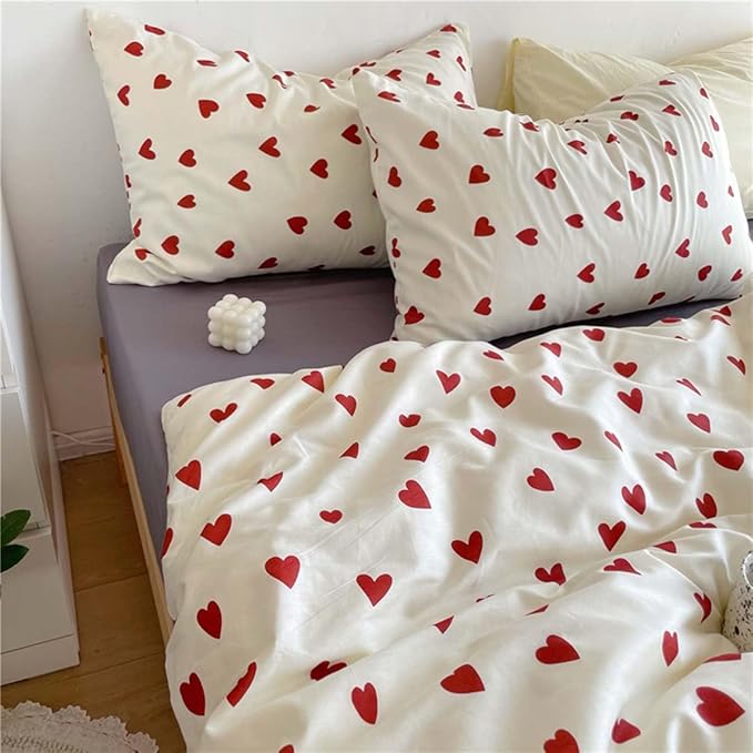 Nayoroom Heart Duvet Cover Twin Size Cute Red Love Heart Printed on White Bedding Set 2Pcs Kids Girls Kawaii Heart-Shaped Pattern Comforter Cover with Zipper Closure Soft Breathable Microfiber