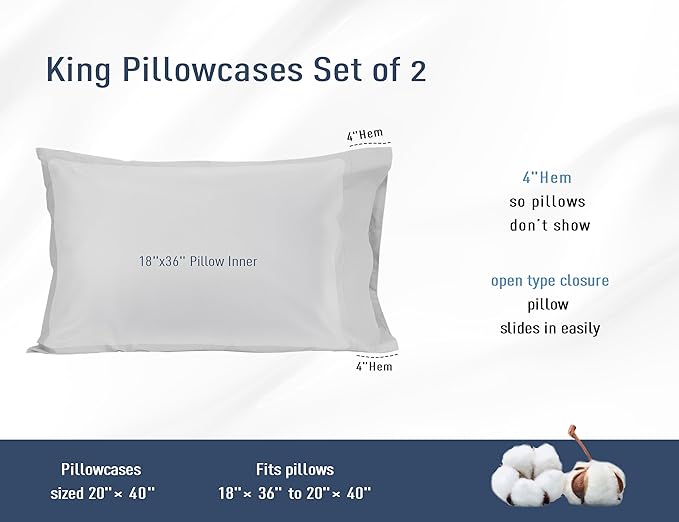 Pillow Cases, King Size Cotton Percale Weave Pillowcases, Pre-Shrunk Breathable and Hypoallergenic Pillowcases, Set of 2 (2 Piece King 20 Inch x 40 Inch, Light Gray)