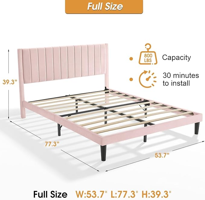 Full Bed Frame Upholstered Platform,Full Size Bed Frame with Velvet Headboard,Non-Slip and Noise-Free/Wooden Slats Support/No Box Spring Needed/Easy Assembly/Mattress Foundation (Pink, Full)