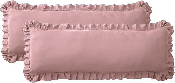 Ruffled Body Pillow Pillowcases Set of 2 – Soft Wrinkle Resistant Brushed Microfiber Body Pillowcases –Envelope Pillow Shams Festive Gift for Hotels, Guest Rooms 20x54 Inch (Pink)