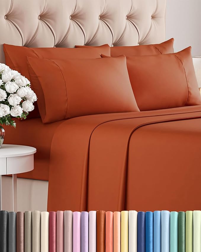 Cal King 6 Piece Sheet Set - Comfy, Breathable & Cooling - Soft Hotel Luxury Bedding for Women, Men, Kids, Teens and Children - 1 Flat & 1 Fitted Sheet & 4 Pillowcases with Deep Pockets - Terracotta