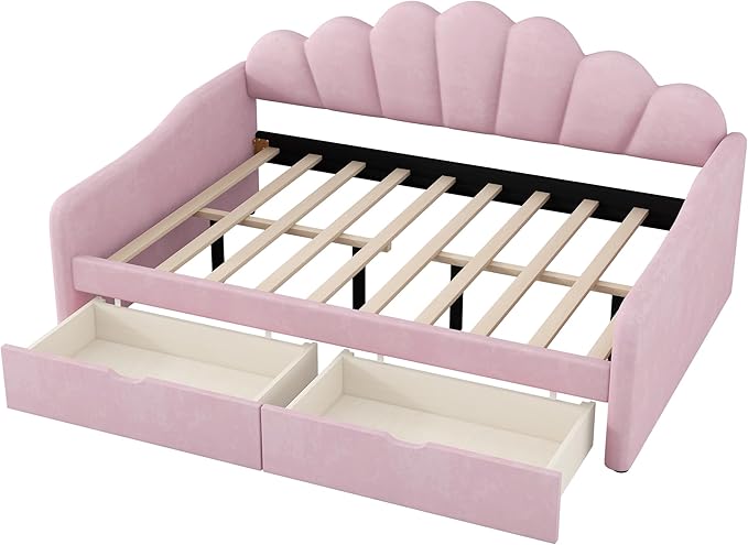 Merax Modern Upholstered Platform Bed Frame with Shall Shaped Backrest & Storage Drawers, Velvet Low Sofa Day Bed, No Box Spring Needed/Easy Assemble/Full,Pink