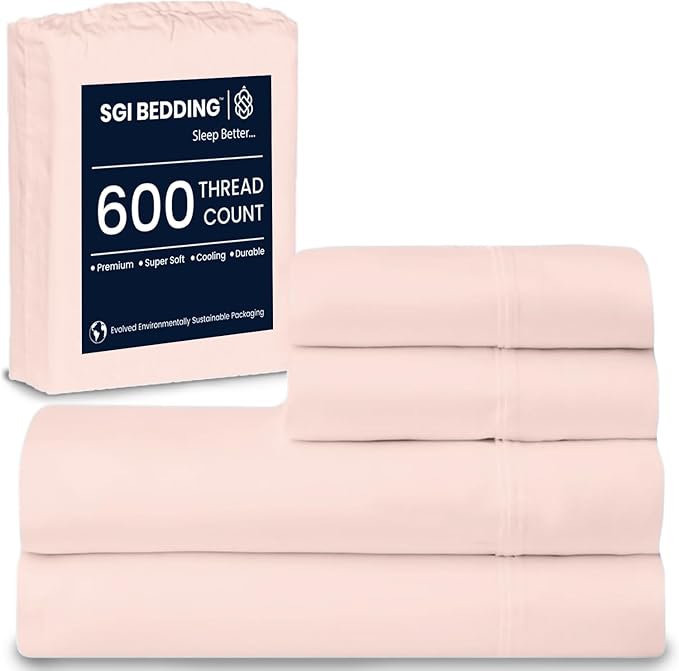 SGI bedding 100% Egyptian Cotton Sheets Twin XL Size – 600 Thread Count Sheets Set, Soft, Cooling, 15" Deep Pocket, Luxury Hotel Bedding, Breathable, Durable - Peach