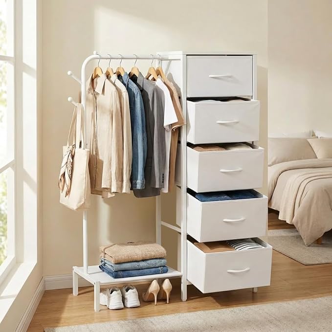 Snughome Dresser with Hanging Rack, Clothes Hanging Rack with 5 Drawers, White Dresser with Clothes Rack, Fabric Storage Chest of Drawers, Small Dresser for Bedroom, Apartments, Entryway Living Room
