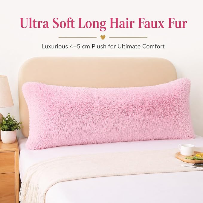Reafort Luxury Faux Fur Body Pillow Cover 21" x 54", Long Hair PV Plush Body Pillow Case with Hidden Zipper Closure, Ultra Soft Fluffy Decorative Long Pillow Cover (Pink, Body)