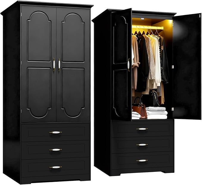 FJTJBSI Armoire Wardrobe Closet with 3 Drawers and LED Light 72" Wooden Bedroom Armoire with 2 Doors and Retro Ceramic Door Handles Modern Wardrobe Cabinet with Removable Hanging Rod Black