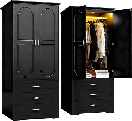 FJTJBSI Armoire Wardrobe Closet with 3 Drawers and LED Light 72" Wooden Bedroom Armoire with 2 Doors and Retro Ceramic Door Handles Modern Wardrobe Cabinet with Removable Hanging Rod Black