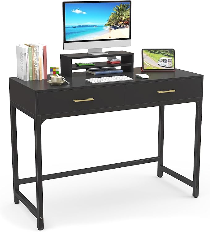 WESTREE Computer Gaming Desk Office - Study Writing Desk with Drawer for Teen, Bedroom Makeup Desk Home Office Furniture with Storage Shelf, Height Monitor Stand