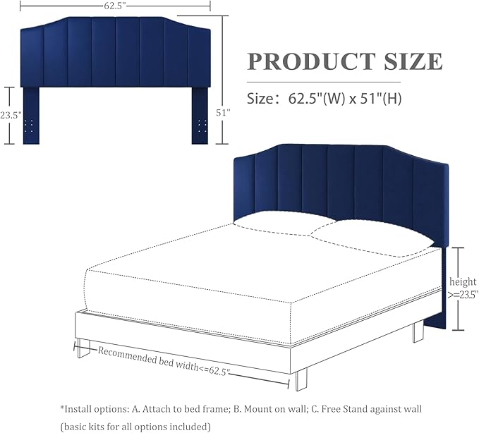 Furpopup Velvet Queen Size Headboard, Upholstered Headboard Queen/Full Size Wall Mount and Bed Frame Mount, Featuring High-Density Sponge Padding Luxury Texture Easy Assembly Comfort Style-Navy Blue